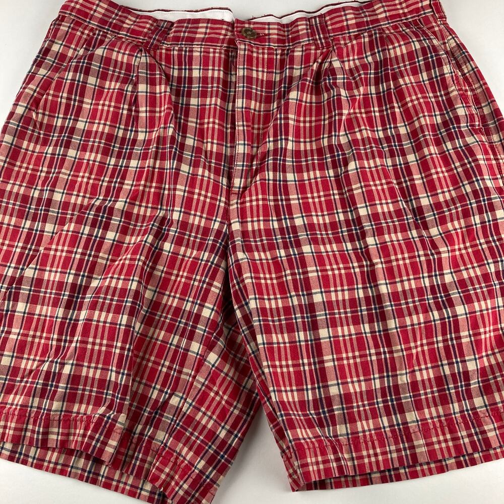 Lands' End Mens 36 Red Plaid Chino Shorts Pleated 100% Cotton Classic